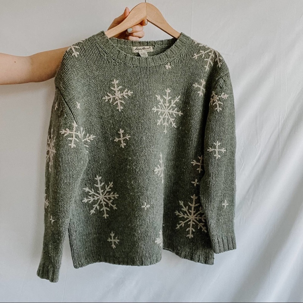 EDDIE BAUER | Vintage Green Snowflake 100% Wool Cropped Sweater Sz L